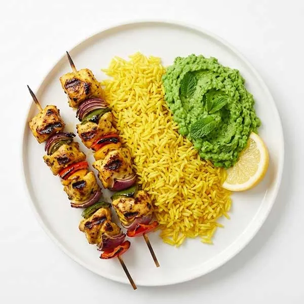 Chicken Skewers with Turmeric Yellow Rice & Minted Pea Mash